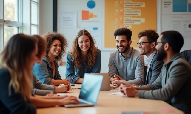 Equipo empresarial colaborando en gestión de cambio exitoso